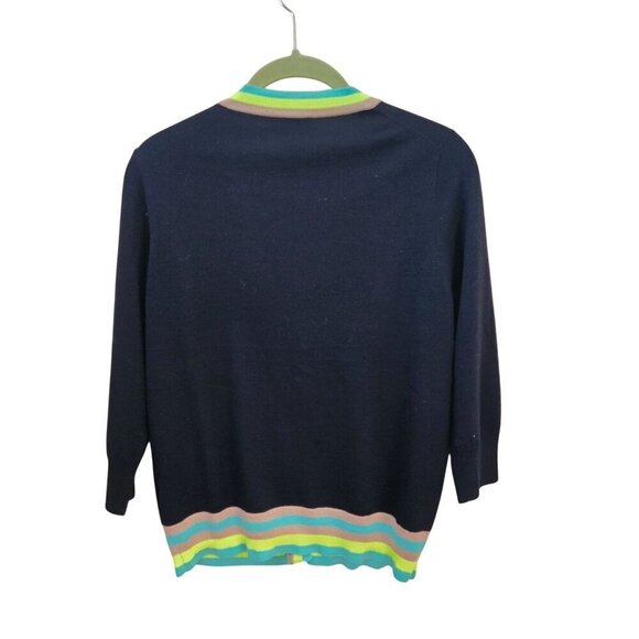 J.Crew Merino Wool Navy Neon Trim V Neck 3/4 Sleeve Cardigan Sweater Size S - Picture 3 of 6